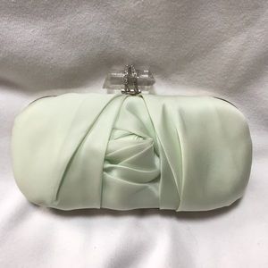 Marchesa Mint Color Ruched Satin Clutch with Rock Crystal Closure